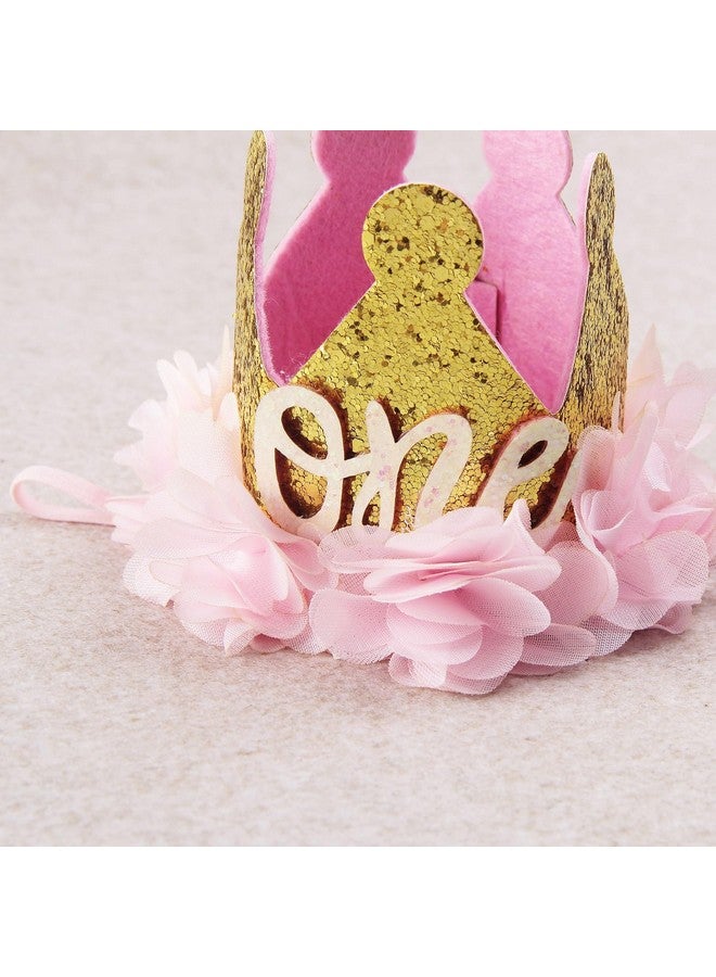 Nishine Nishine Gold Glitter Crown Headband Pink Flower Crown Tiara Hairband for Baby Birthday Party Supplies Photo Props (Chiffon&One)  - Image 4