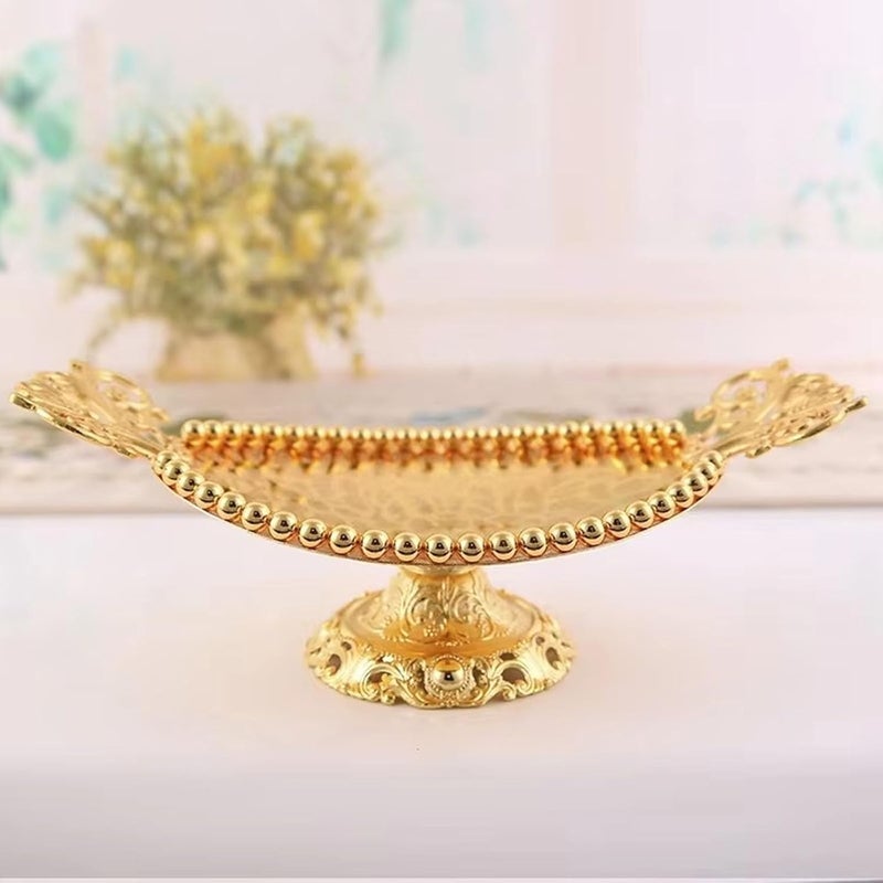 Luxury Golden Beads Metal Serving Platter Oval Shape Snacks Tray for Fruits Dessert and Appetizers Organizers Dish Gift Gold Oval Serving Dish - Image 3