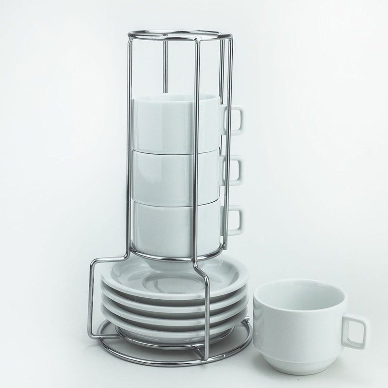 Huji Stack-able Porcelain 3.2 OZ Espresso Turkish Coffee Cups and Saucer Set with Chrome Rack (9 Piece Set) (1) - Image 4