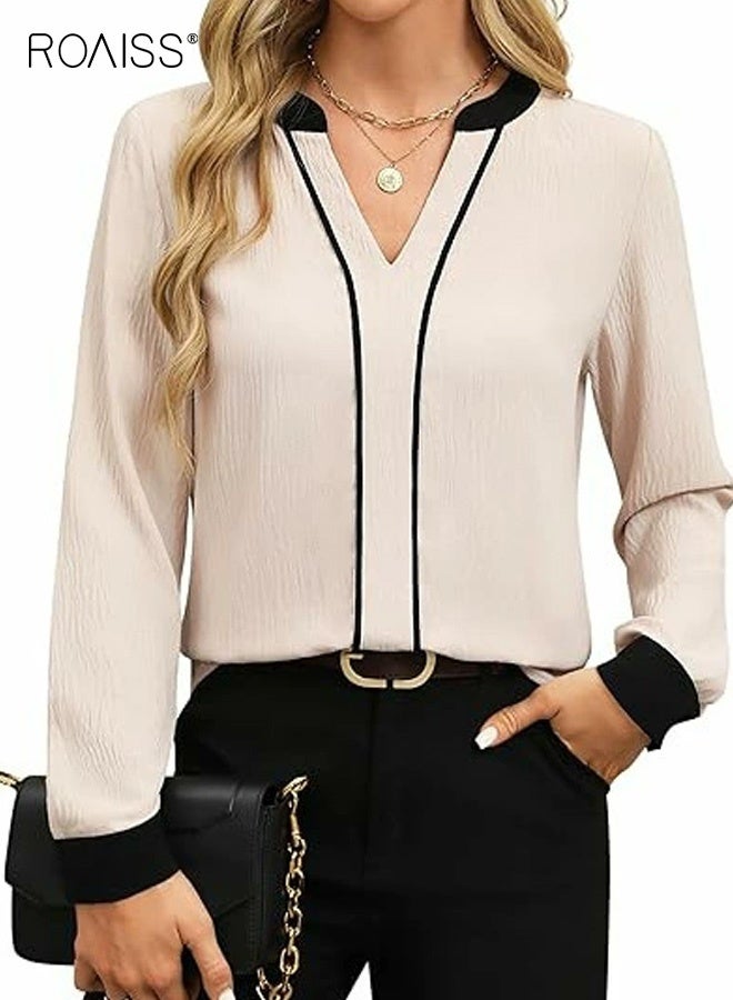 roaiss Women's V-Neck Color Block Business Casual Shirt Fashionable Comfortable Soft and Breathable Long-Sleeved Work Pullover Shirt Tighten the Cuffs for Everyday Wear in Apricot - Image 1