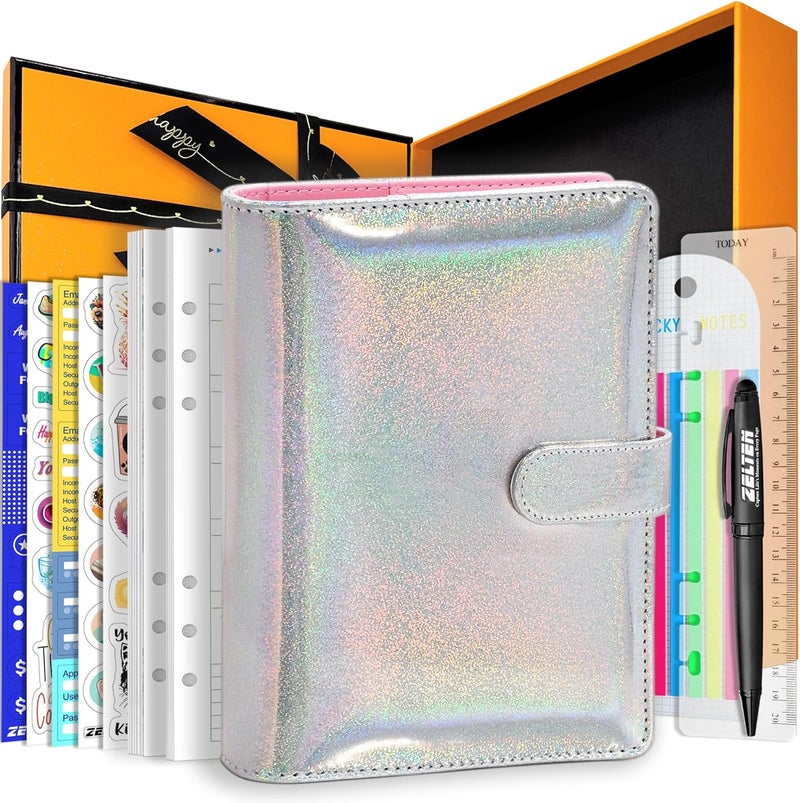 Zelten PU Leather Personal Notebook Planner with 67 Pages Loose-Leaf Papers 6 Holes Ring Binder Pen Holder Magnetic Buckle (Rainbow Glitter,A5 Gift Box) - Image 1