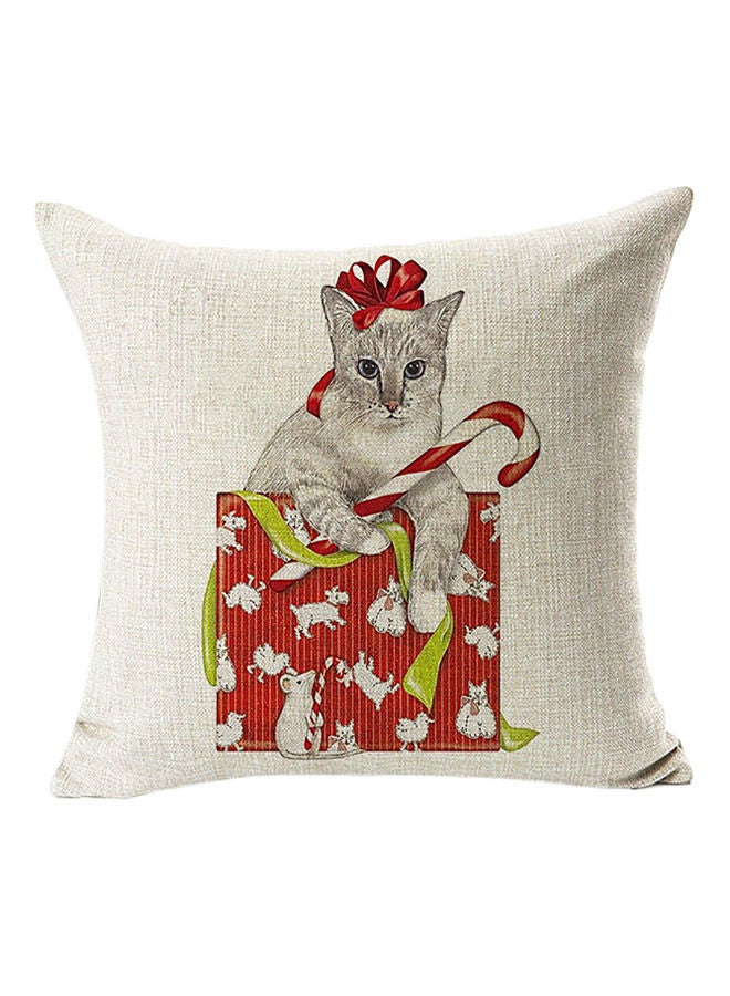 NIBEMINENT Cat Oift Printed Throw Pillow Cover White/Red/Brown 45x45centimeter