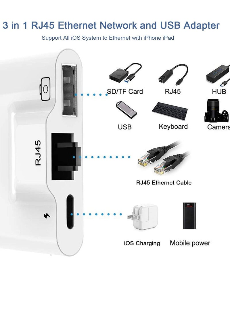 SYOSI RJ45 Ethernet Adapter, OTG Charging Port RJ45 3-In-1 USB Wired Adapter for iPhone, Ipad Camera High-Speed Reader Cable Converter Hub  - Image 3