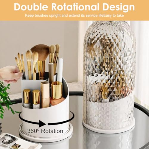 MAYCREATE® Makeup Brush Holder with Lid, 360 Rotating Clear Dustproof Skincare Cosmetic Tools Storage Organizer for Vanity Desktop Bathroom Countertop - White - Image 4