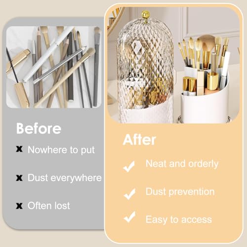 MAYCREATE® Makeup Brush Holder with Lid, 360 Rotating Clear Dustproof Skincare Cosmetic Tools Storage Organizer for Vanity Desktop Bathroom Countertop - White - Image 5
