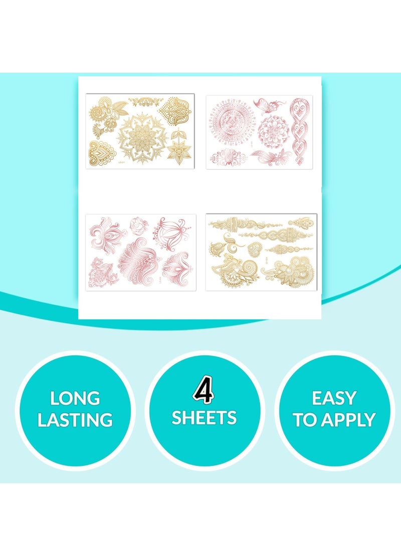 Generic 4 sheets of gold metallic tattoo papers, flowers and other patterns. Women's face tattoos are waterproof, non-toxic and long lasting, suitable for holiday party and holiday styles (gold, rose gold)  - Image 4