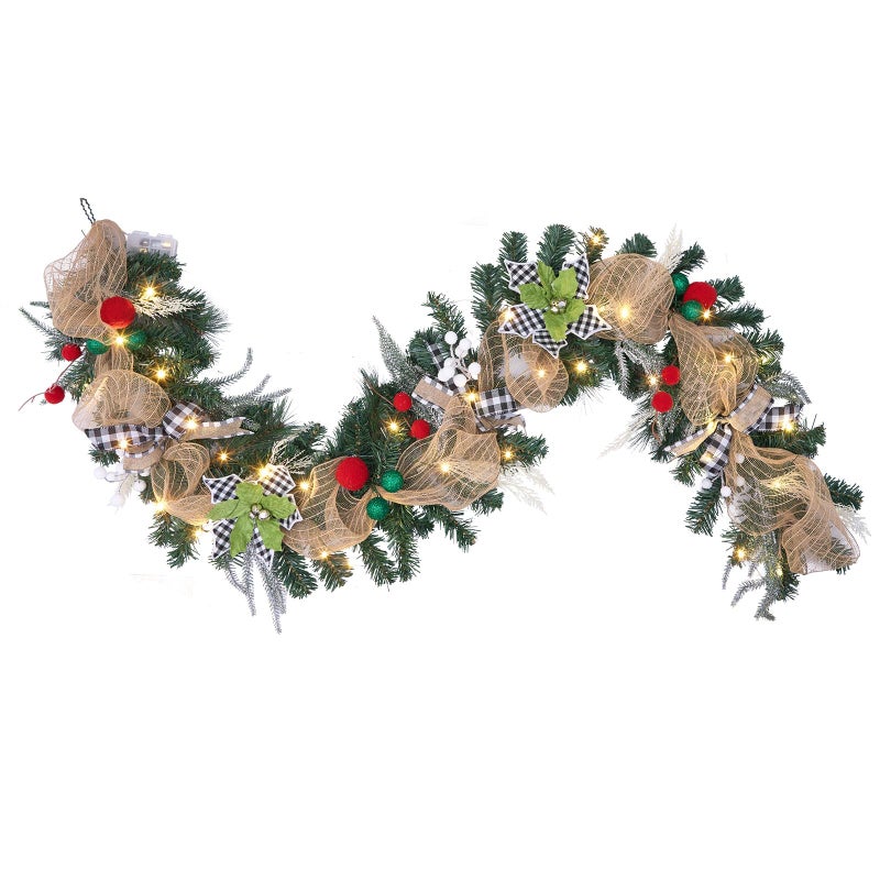 Vofuly 6 feet prelit Christmas GarlandBlack and White Buffalo Plaid Christmas Decor with 30 LED Lights Lighted Buffalo Plaid Decoration for MantelStairsand Front DoorXmas Farmhouse Decor