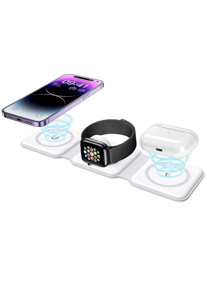 3 in 1 Foldable Wireless Charger, Magnetic 3 in 1 Charging Station for Apple Multiple Devices, Travel Wireless Charger for iPhone 15/14/13/12, AirPods 3/2/Pro, iWatch (White) - Image 1
