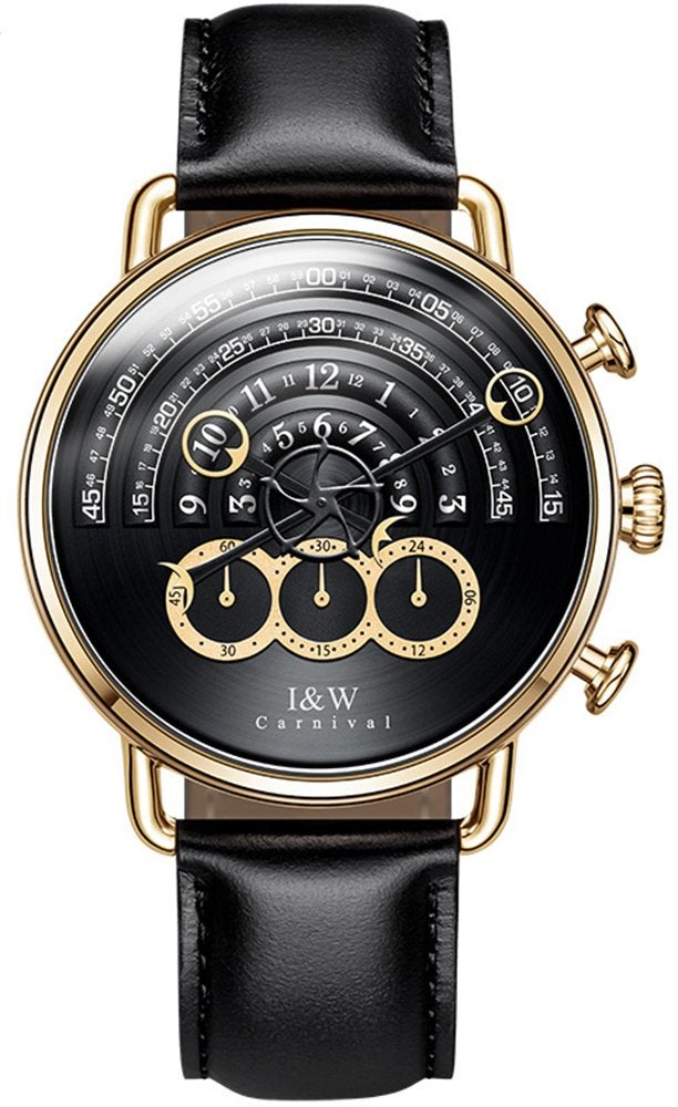 Carnival Unique Mens Chronograph Watch Black Leather Strap 41MM Stainless Steel Case Sapphire Glass Japanese Quartz 30M Waterproof Dress Casual Business Gold Wrist Watch for Men - Image 2
