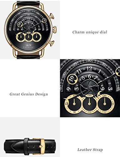 Carnival Unique Mens Chronograph Watch Black Leather Strap 41MM Stainless Steel Case Sapphire Glass Japanese Quartz 30M Waterproof Dress Casual Business Gold Wrist Watch for Men - Image 3