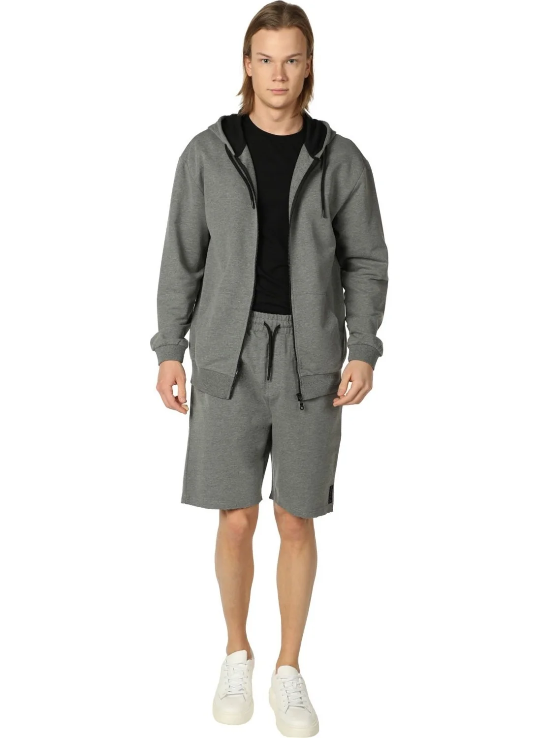 Defy'S Men's Hooded Zippered Oversize Pattern Sweatshirt Dark Gray Melange