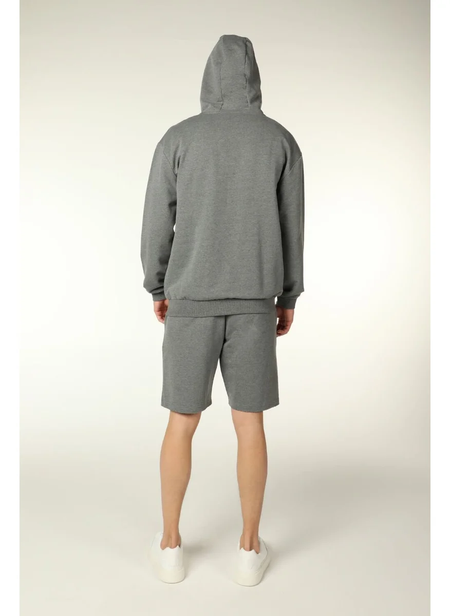 Defy'S Men's Hooded Zippered Oversize Pattern Sweatshirt Dark Gray Melange