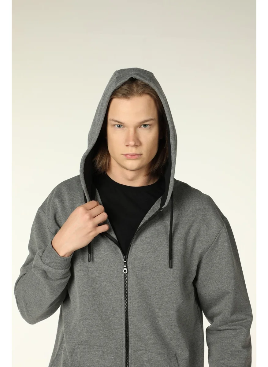 Defy'S Men's Hooded Zippered Oversize Pattern Sweatshirt Dark Gray Melange
