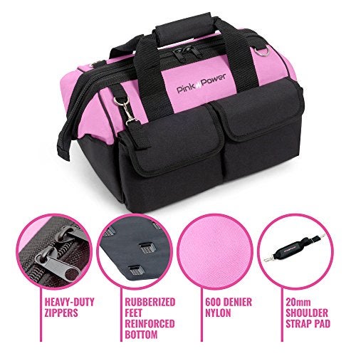 Pink Power Pink Tool Bag for Women -16" Tool Tote Bag w/ 22 Storage Pockets - Womens Small ToolBag Ladies ToolBox for Hand Tools, Power Kits & More - Womens Zipper Toolbag Caddy Organizer - Image 4
