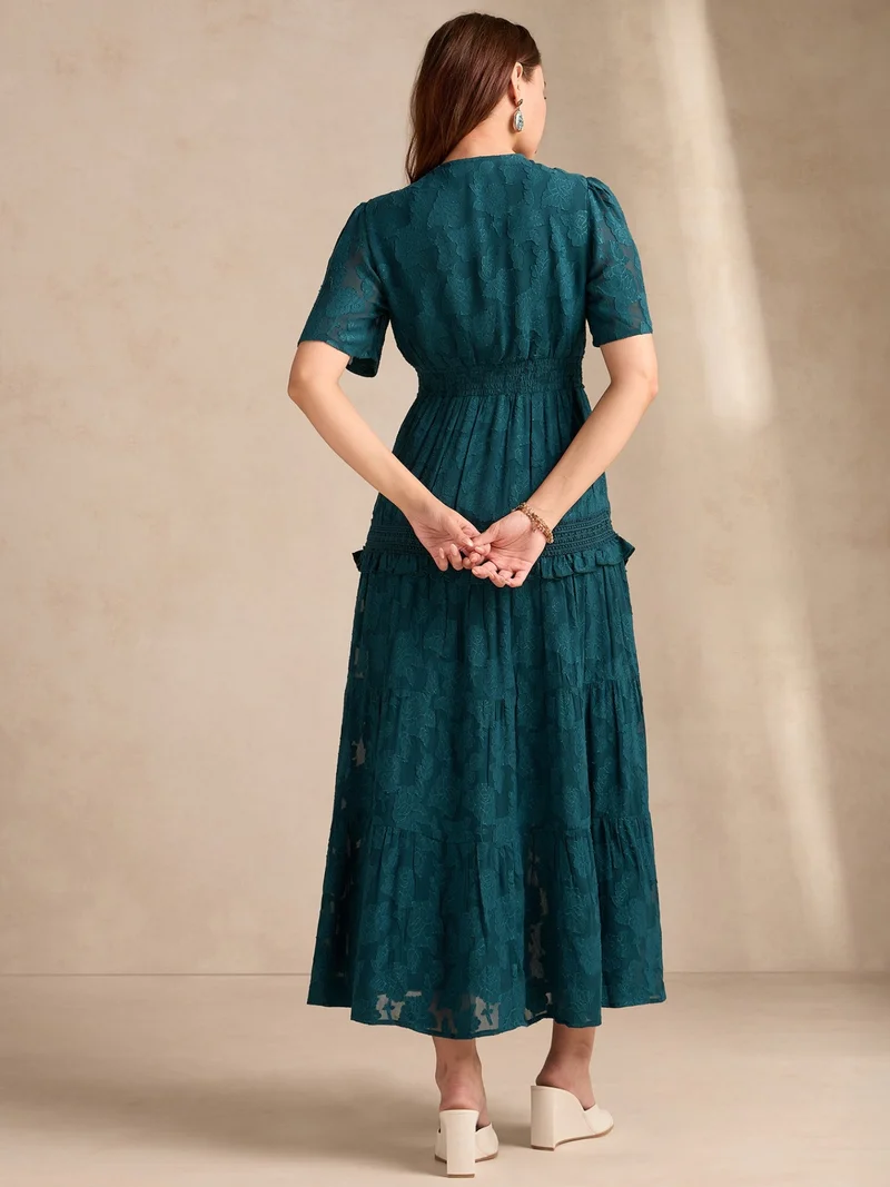 Outzidr  Teal Plunge Neck Jacquard Tiered Dress With Lace Detail for Women | Best Price UAE