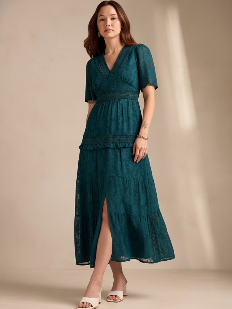 OUTZIDR Teal Plunge Neck Jacquard Tiered Dress With Lace Detail - Image 2