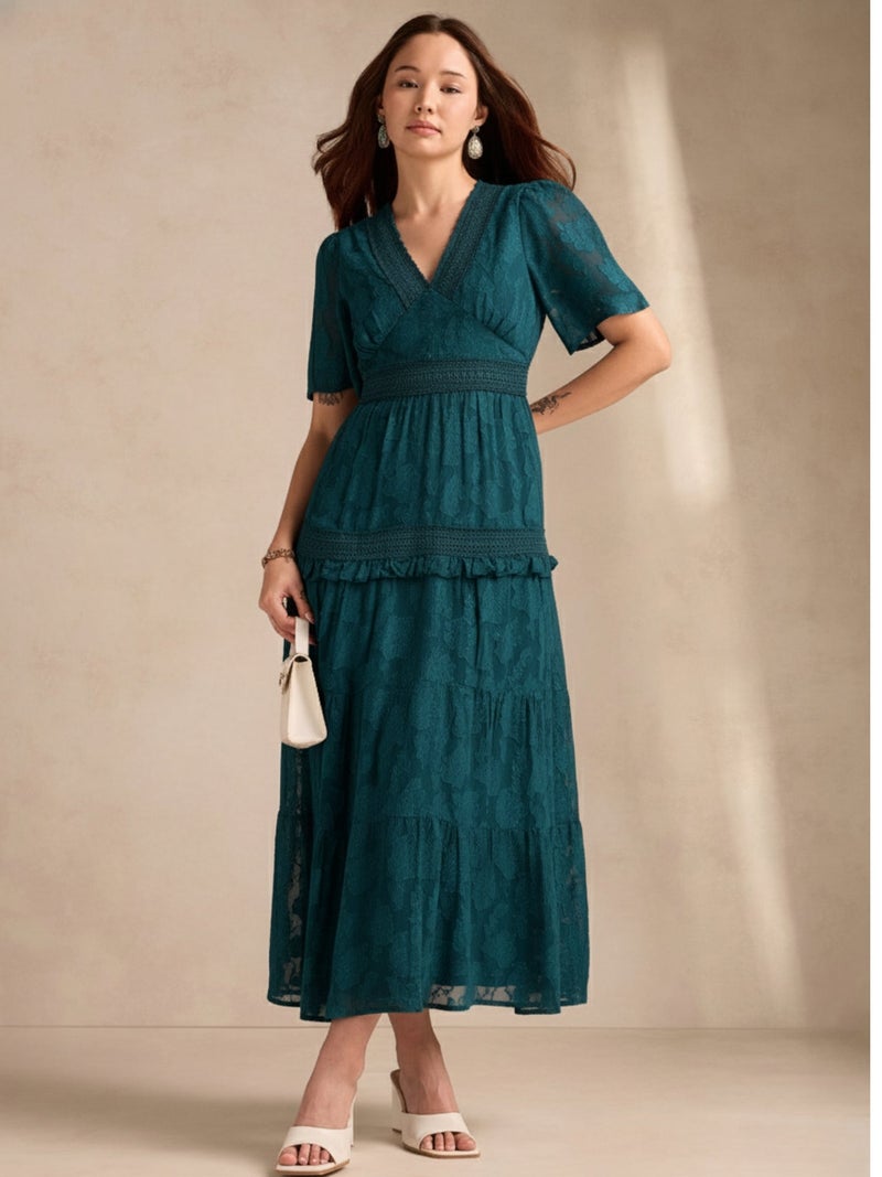 OUTZIDR Teal Plunge Neck Jacquard Tiered Dress With Lace Detail - Image 1