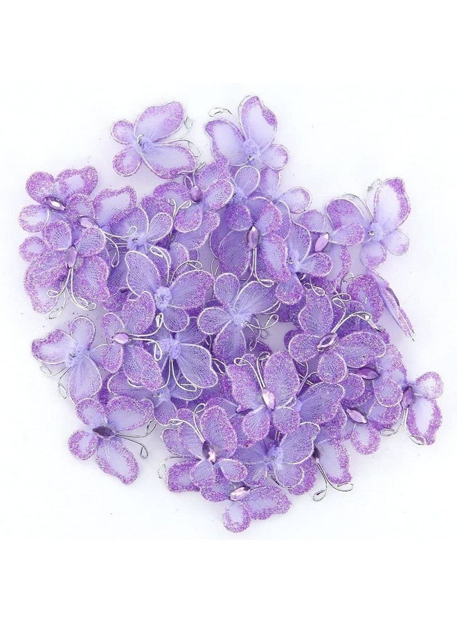 Leorx Sheer Mesh Wire Glitter Butterfly With Gem For Wedding Decorating (Purple) 50Pcs - Image 1
