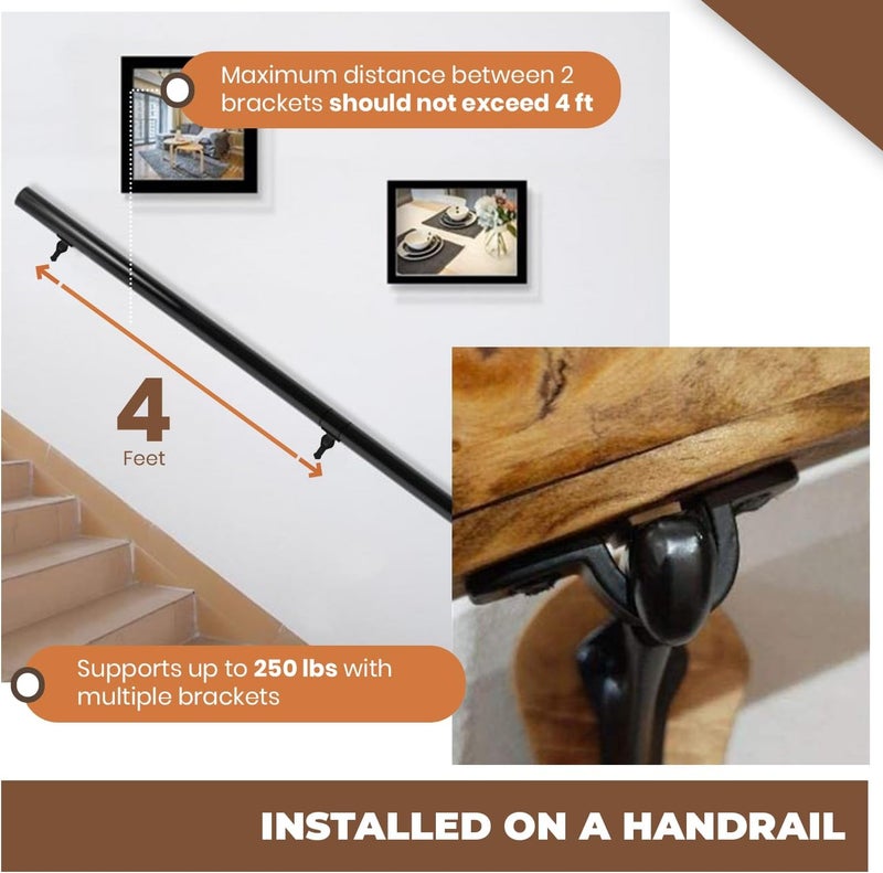A29 Set of 2 Handrail Brackets, Heavy Duty Metal Railing Brackets, Banister Handrail Brackets for Indoor Stairs, Outdoor, Railholders- Mounting Hardware Included, Black Powder Coat, - Image 5