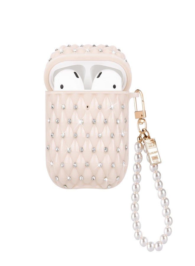 CameCosy Glitter Case for AirPods 1/2 with Pearl Bracelet Keychain, Luxury Diamond Cute for Airpods 2nd Generation Case TPU Shockproof Protective Skin Cover for Women-Beige - Image 1