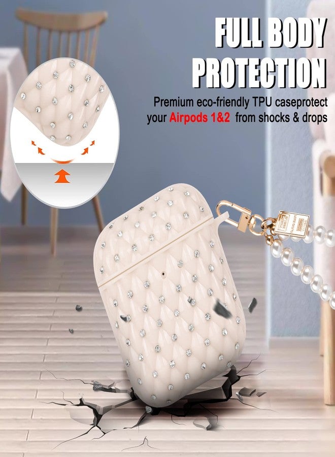 CameCosy Glitter Case for AirPods 1/2 with Pearl Bracelet Keychain, Luxury Diamond Cute for Airpods 2nd Generation Case TPU Shockproof Protective Skin Cover for Women-Beige - Image 3