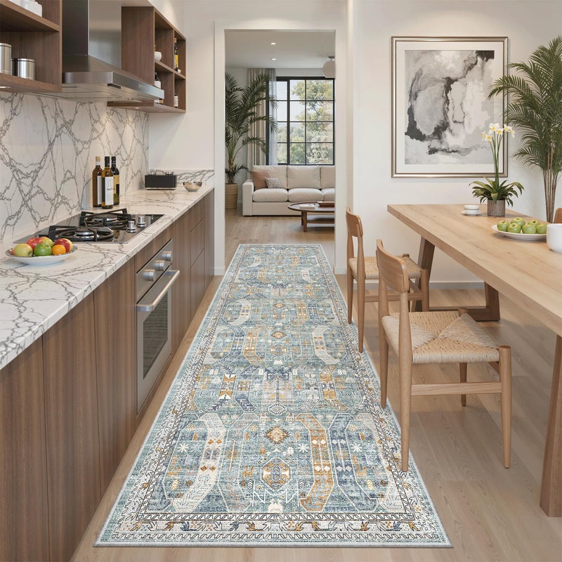 Madane Runner Rug 2'6''x8' Kitchen Runner, Hallway Runner Printed Vintage Washable Rugs Soft Non-Slip Low Pile Runners for Hallways Laundry Room Distressed Carpet, Blue/Gold - Image 1