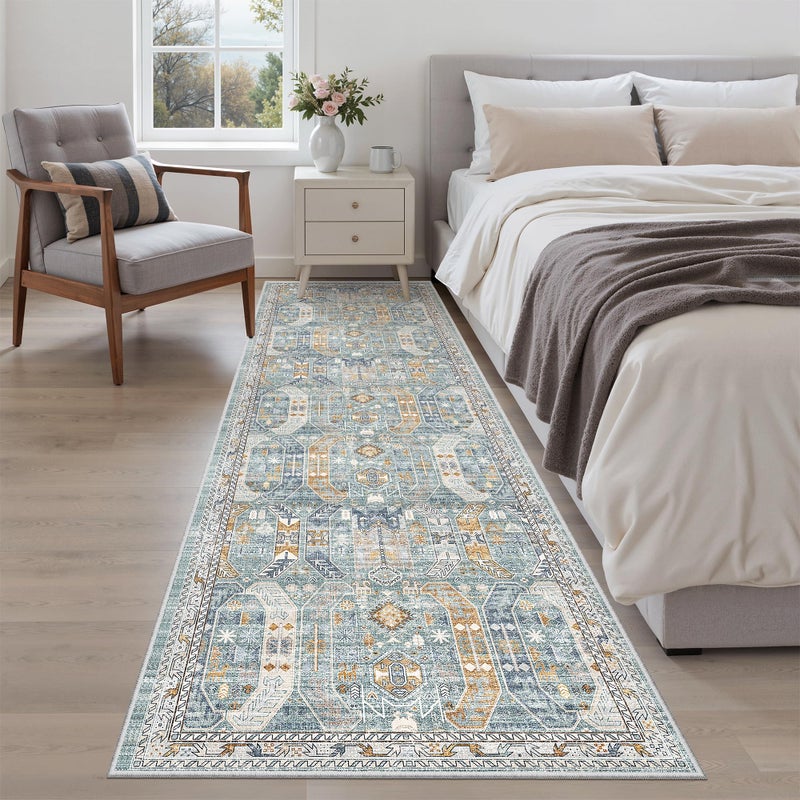 Madane Runner Rug 2'6''x8' Kitchen Runner, Hallway Runner Printed Vintage Washable Rugs Soft Non-Slip Low Pile Runners for Hallways Laundry Room Distressed Carpet, Blue/Gold - Image 3