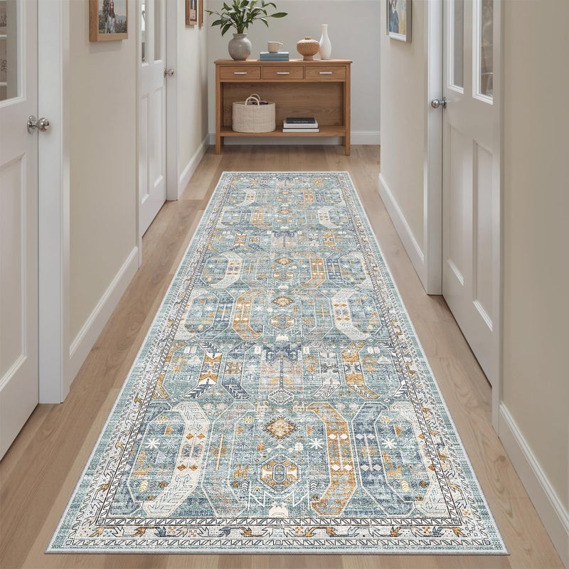 Madane Runner Rug 2'6''x8' Kitchen Runner, Hallway Runner Printed Vintage Washable Rugs Soft Non-Slip Low Pile Runners for Hallways Laundry Room Distressed Carpet, Blue/Gold - Image 2
