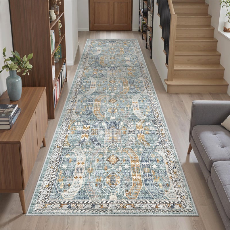 Madane Runner Rug 2'6''x8' Kitchen Runner, Hallway Runner Printed Vintage Washable Rugs Soft Non-Slip Low Pile Runners for Hallways Laundry Room Distressed Carpet, Blue/Gold - Image 4