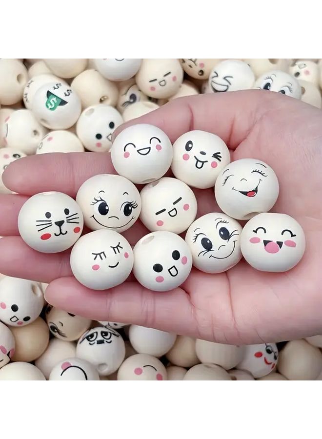 50 قطعة متنوعة من الخرز الخشبي بحجم 20 ملم مع تعابير وجهية لصنع المجوهرات اليدوية - Image 1