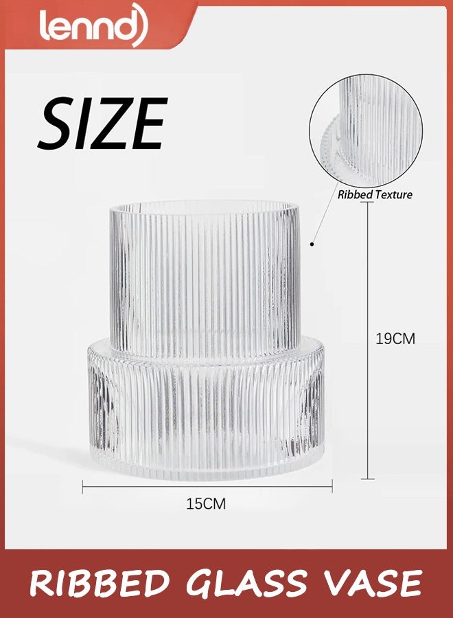 LENND Ribbed Glass Vase, Flower Vase, Fluted Clear Vases for Flowers, Modern Vases for Living Room, Dining Table, Entryway, Shelf, Wedding, Office, Coffee Table, Birthday - Image 3
