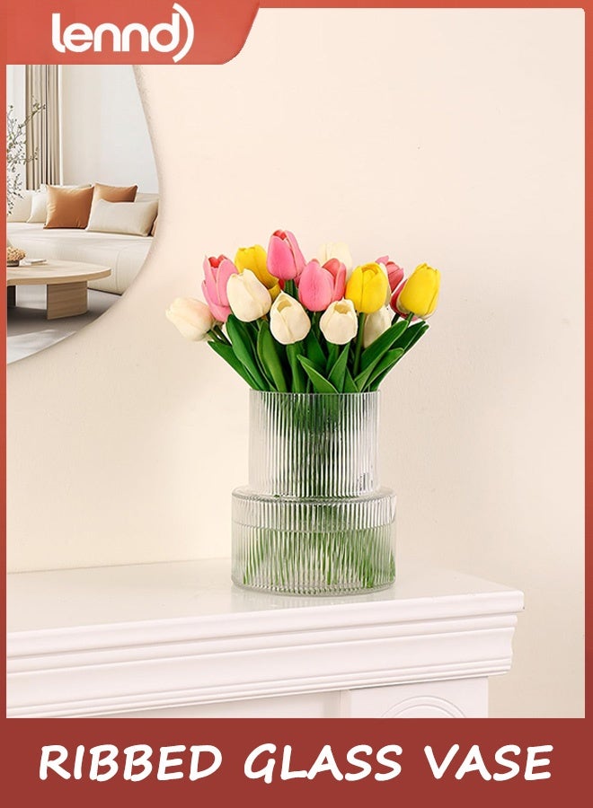 LENND Ribbed Glass Vase, Flower Vase, Fluted Clear Vases for Flowers, Modern Vases for Living Room, Dining Table, Entryway, Shelf, Wedding, Office, Coffee Table, Birthday - Image 1