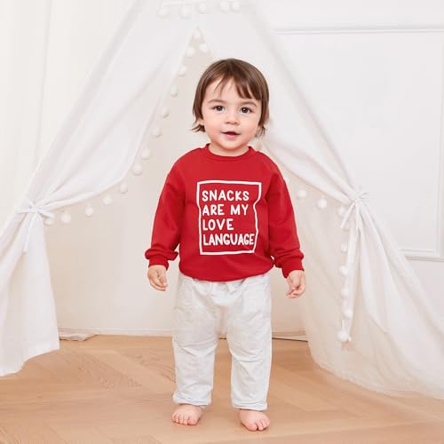 allshope Baby Boy Fall Clothes Set Long Sleeve Letter Print Sweatshirt Pants Valentines Day Outfits 6 12 18 24 Months 2T (Snacks Red, 18-24 Months) - Image 2