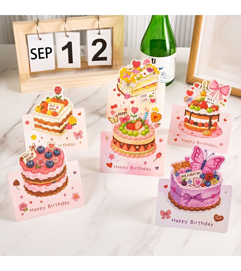 6pcs 3D Pop Up Birthday Cake Watercolor Greeting Cards For Expressing Wishes - Image 1