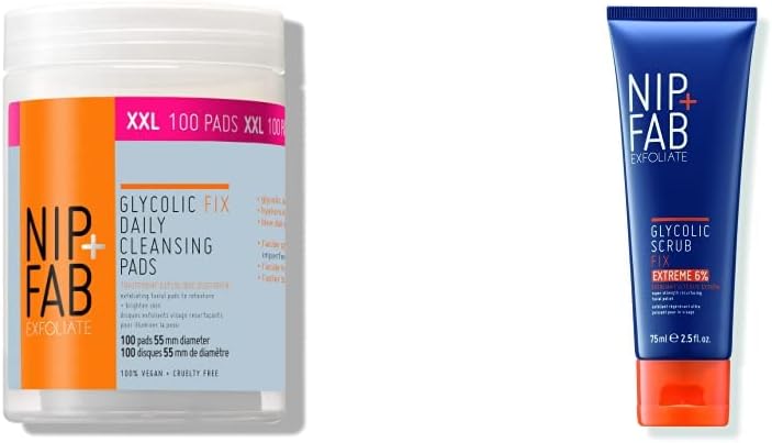 NipFab Glycolic Acid Fix Daily Cleansing Pads for Face with Hyaluronic Acid 100 Pads XXL Glycolic Acid Fix Face Scrub Extreme with Salicylic Acid 75 ml 25 fl oz