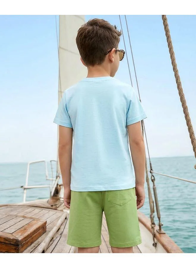 Ollington St. OLLINGTON ST. Cotton Knitted T-Shirt With Beach Theme Print & Shorts Set - Blue & Olive Green