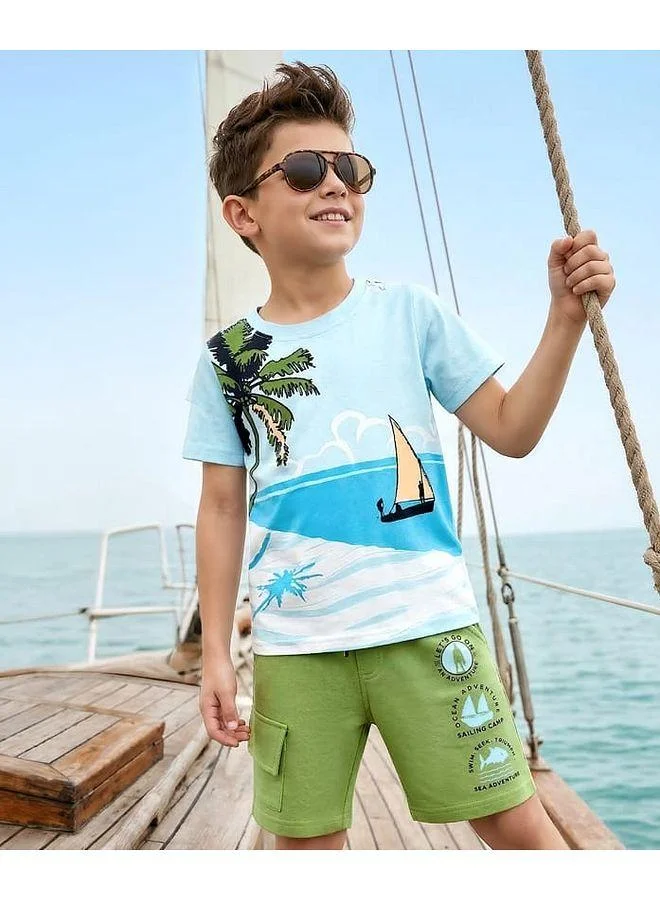 Ollington St. OLLINGTON ST. Cotton Knitted T-Shirt With Beach Theme Print & Shorts Set - Blue & Olive Green