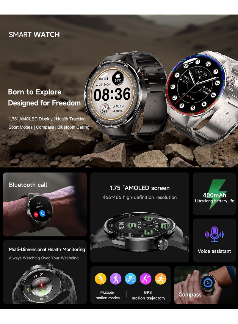 RollsTimi  Men's Smart Watch, 1.75-Inch HD Screen,400mAh  Large Capacity Battery, IP67 Waterproof, Bluetooth Calls, GPS Tracking, Fashion Business SmartWatch, G5PLUS Steel Band Silver - Image 5