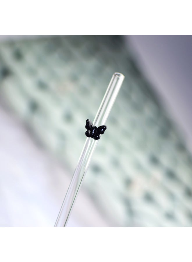 Custom Colorful Butterfly Glass Straw Eco-friendly Heat Resistant Reusable Milk Drink Transparent Elbow-Color:Black-Specifications:0.8*20CM - Image 1