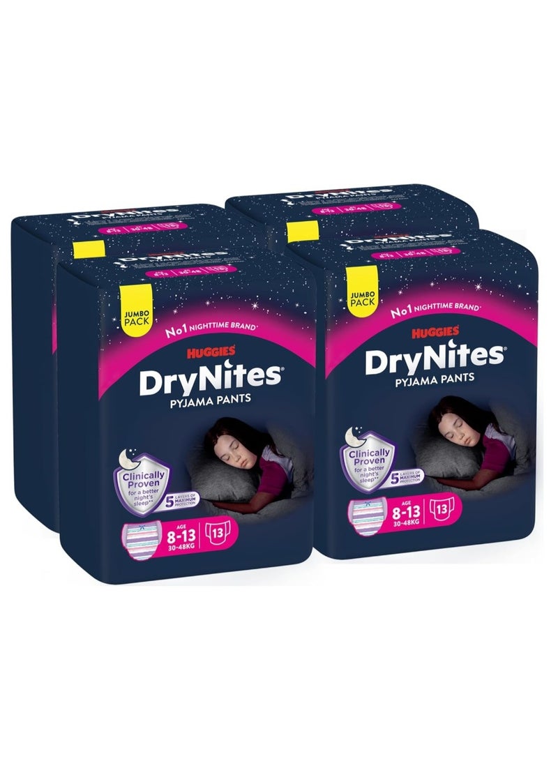 هجيز حفاضات دراي نايتس بيجاما، 8-13 سنة، حفاضات تبليل الفراش، للبنات، 30-48 كجم، 4 عبوات جامبو، 52 قطعة - Image 2