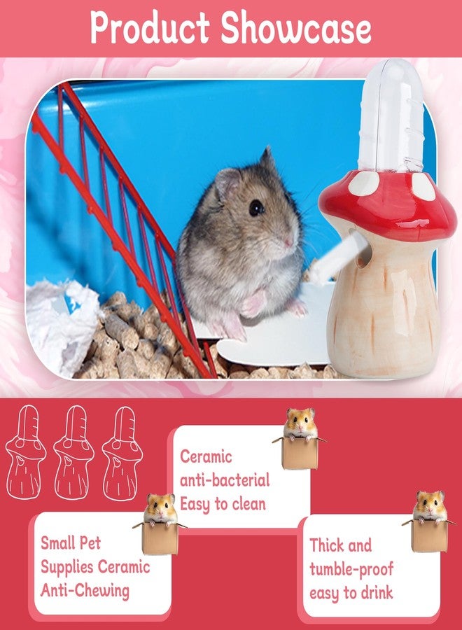 سايم زجاجة ماء للهامستر مع حامل سيراميك على شكل فطر - موزع مياه أوتوماتيكي للحيوانات الصغيرة، موزع مياه مقاوم للقضم للهامستر السوري القزم والفئران والجرذان - حامل مانع للتنقيط (أحمر، 60 مل) - Image 4