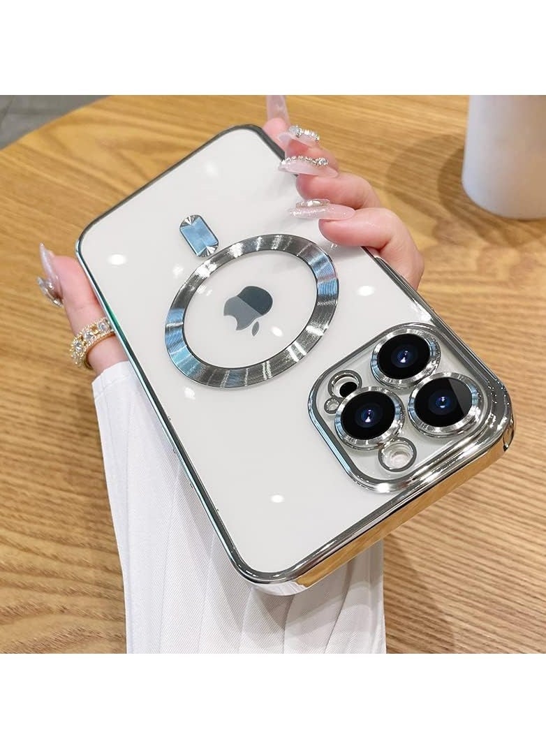 Raxoom Magnetic Case for iPhone 14 Pro Max Case [Compatible with MagSafe] Camera Lens Protector Plating Luxury Cover for Women Men Clear Soft TPU Shockproof Protective Phone Case - Silver - Image 2