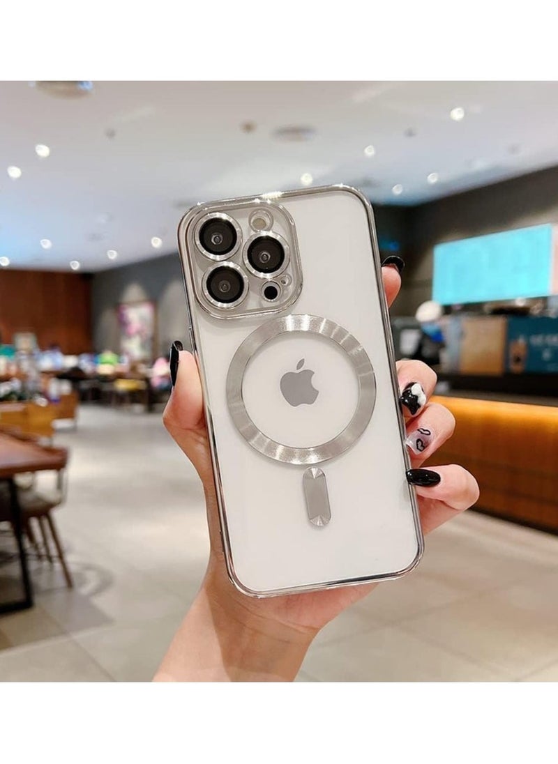 Raxoom Magnetic Case for iPhone 14 Pro Max Case [Compatible with MagSafe] Camera Lens Protector Plating Luxury Cover for Women Men Clear Soft TPU Shockproof Protective Phone Case - Silver - Image 4