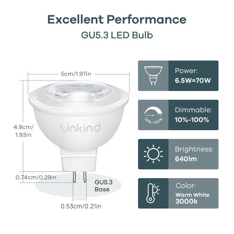 Linkind MR16 LED Bulb Dimmable, GU5.3 Bi-Pin Base LED Light Bulbs, 6.5W (70W Equivalent) 3000K Warm White 640lm MR16 LED Spot Lights, Recessed, Tracking Lights, 12V Low Voltage, 6 Packs - Image 2
