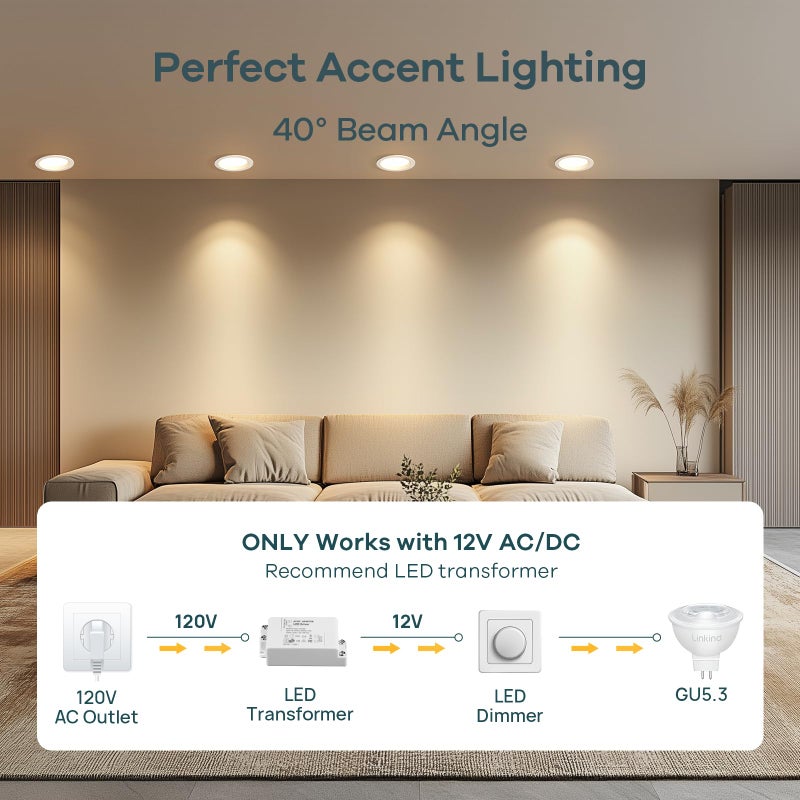 Linkind MR16 LED Bulb Dimmable, GU5.3 Bi-Pin Base LED Light Bulbs, 6.5W (70W Equivalent) 3000K Warm White 640lm MR16 LED Spot Lights, Recessed, Tracking Lights, 12V Low Voltage, 6 Packs - Image 5