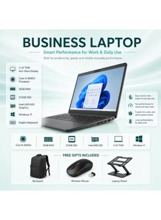 Compact Business Laptop 11.6 Inch Full HD Anti-Glare (i5 Processor, 16GB RAM, 512GB SSD, Windows 11) with Free Bundle: Laptop Bag, Mouse, and Stand - Image 1
