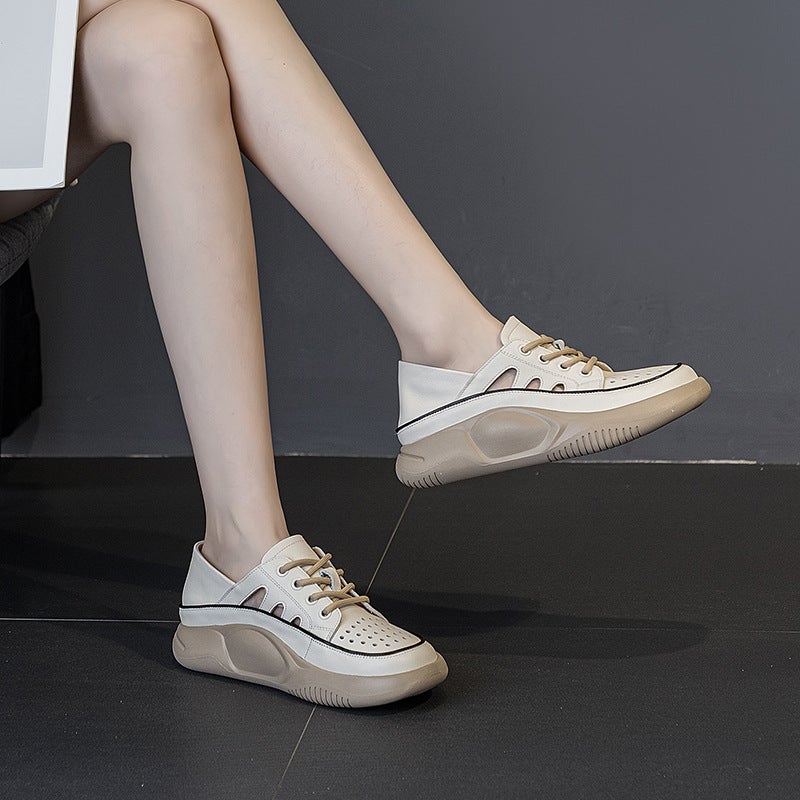 Top-Layer Cowhide Casual Sports Sandals Women'S Hollow-Out Single-Layer Shoes Flat Genuine Leather Lightweight Two-Wearing Lazy Shoes - Image 3