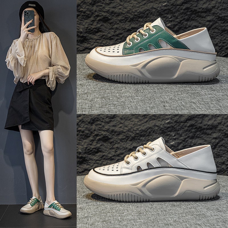 Top-Layer Cowhide Casual Sports Sandals Women'S Hollow-Out Single-Layer Shoes Flat Genuine Leather Lightweight Two-Wearing Lazy Shoes - Image 2
