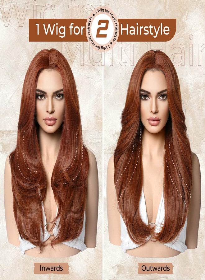 LONAI باروكة لوناي حمراء نحاسية للنساء بطول 24 بوصة، باروكة حمراء متوسطة الجزء، باروكة مصففة من شعر صناعي للاستخدام اليومي، حفلات، وكوسبلاي - Image 4