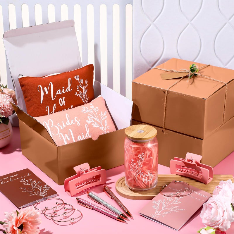 RimCereal 8 Sets/ 80 Pcs Bridesmaid Proposal Gifts Maid of Honor Gifts for Wedding, Include Glass Cup Makeup Bag Glitter Pen Card Bracelet Hair Clip Gift Box Kraft Tags Grass Twine(Pink) - Image 4